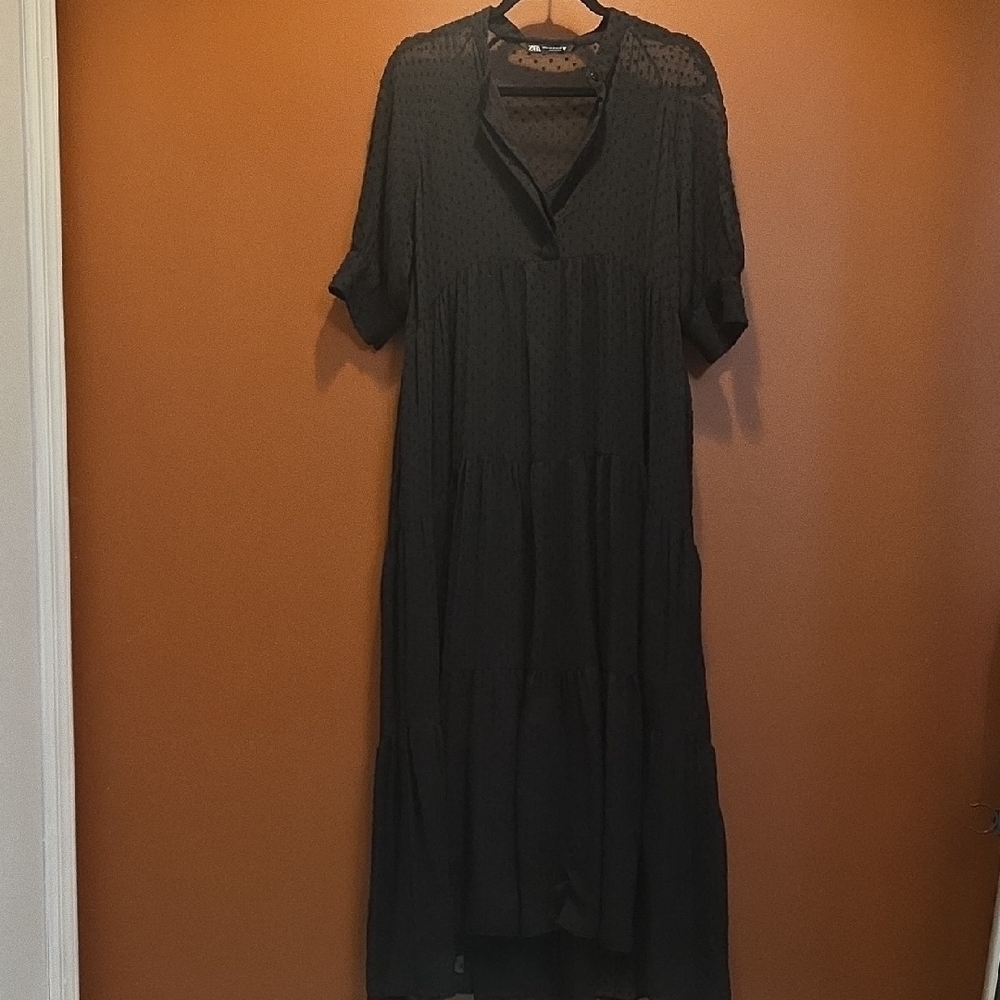 Zara Swiss Dot Long Sleeve Tiered Smocked Maxi Dress - Picture 9 of 11